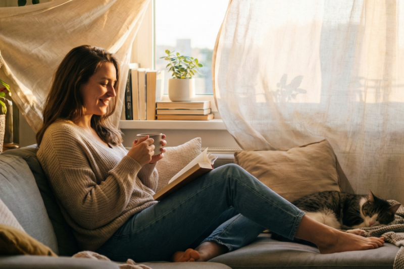 Obraz przedstawiający uśmiechniętą kobietę odpoczywającą na kanapie w nasłonecznionym salonie, trzymającą kubek i czytającą książkę, podczas gdy obok niej drzemie kot.