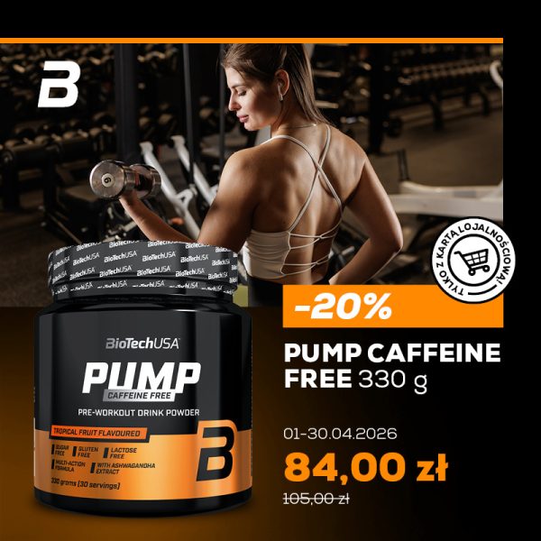 W tle zdjęcia widoczna jest kobieta wykonująca ćwiczenia treningowe, natomiast na pierwszym planie znajduje się formuła przedtreningowa objęta promocją −20%.