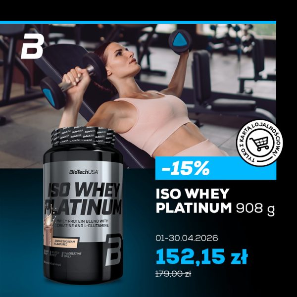 W tle zdjęcia widoczna jest kobieta wykonująca ćwiczenia treningowe, natomiast na pierwszym planie znajduje się odżywka białkowa objęta promocją −15%.