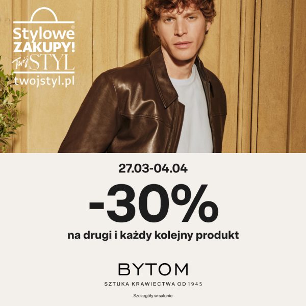 Grafika przedstawiająca mężczyznę w ubraniach marki Bytom, informująca o promocji w sklepie w Krakowie, obowiązującej od 26 marca do 4 kwietnia 2026.