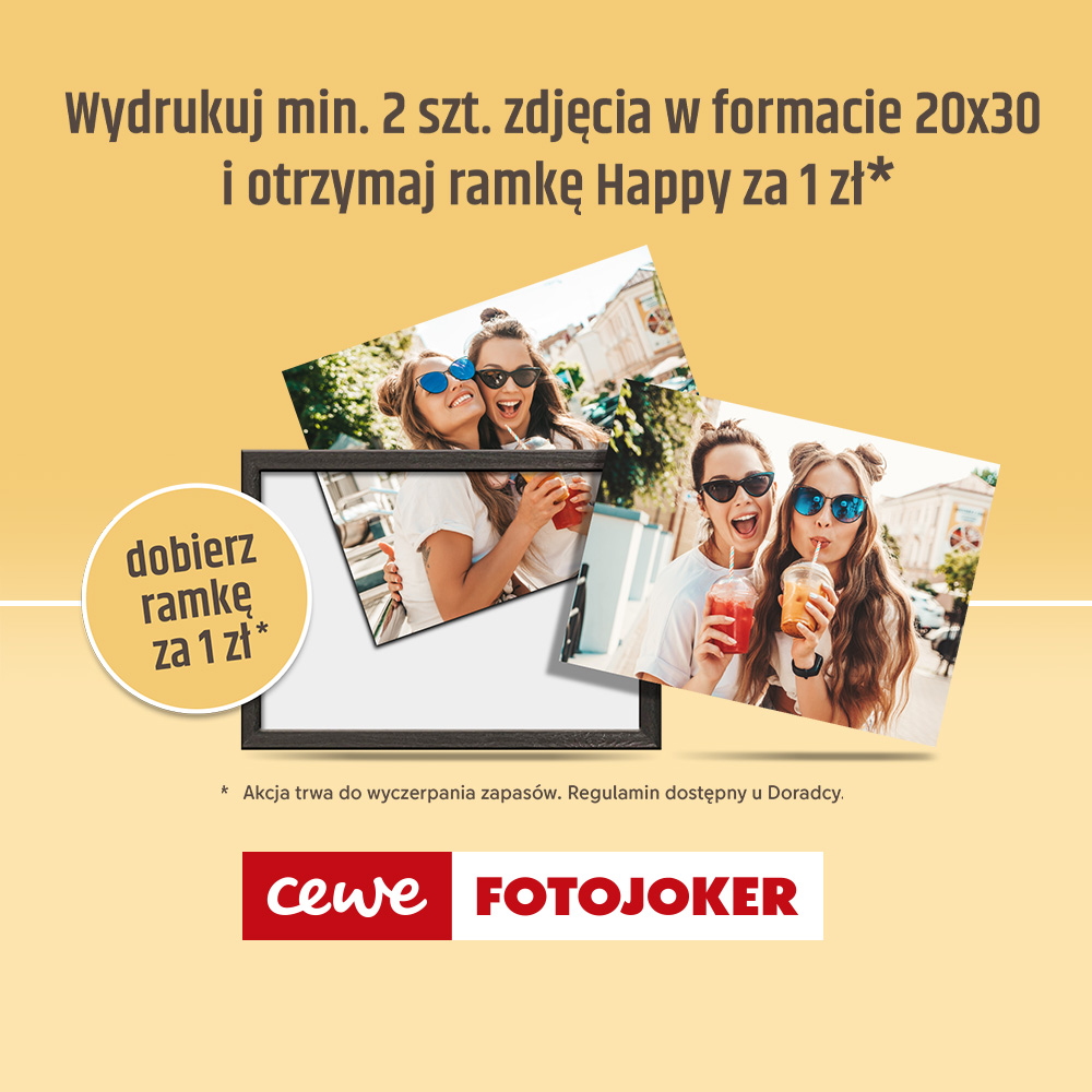 Grafika promocyjna salonu CEWE FOTOJOKER w centrum handlowym M1 Kraków. Oferta na wydruk zdjęć 20x30 cm z fotokiosku i zakup ramki za 1 zł. Obowiązuje od 26.03.2026 do wyczerpania zapasów.