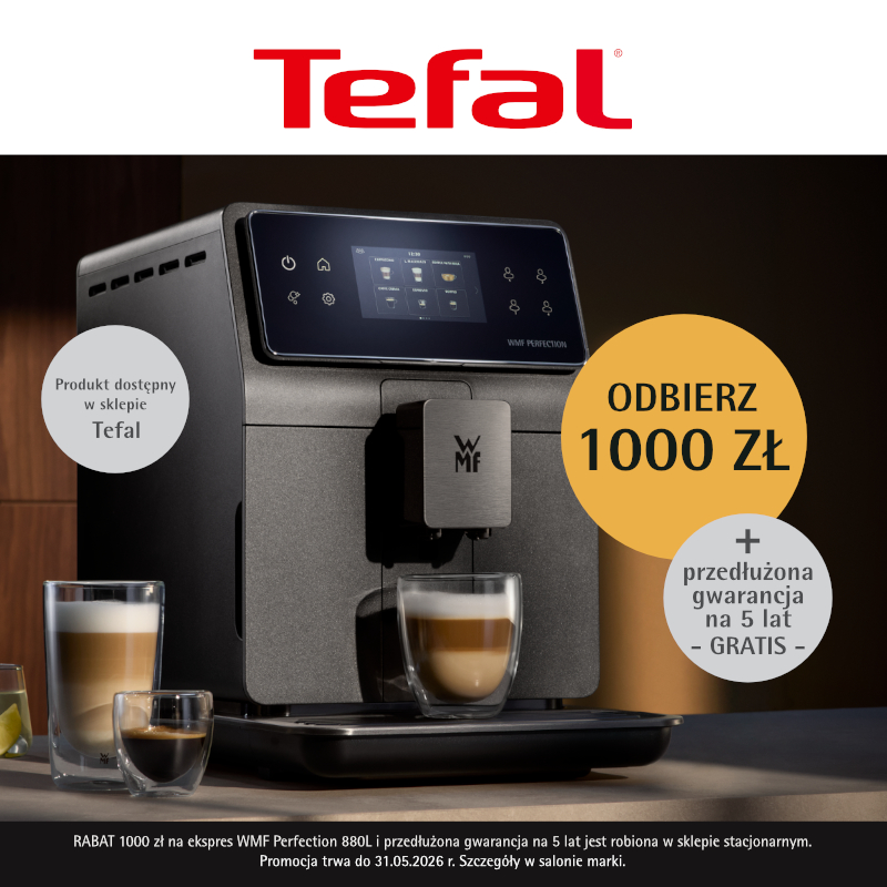 Grafika promocyjna ekspresu klasy premium WMF Perfection 880L w M1 Kraków. Informacja o bonusie 1000 zł i 5-letniej gwarancji. Ważne do 31 maja 2026.