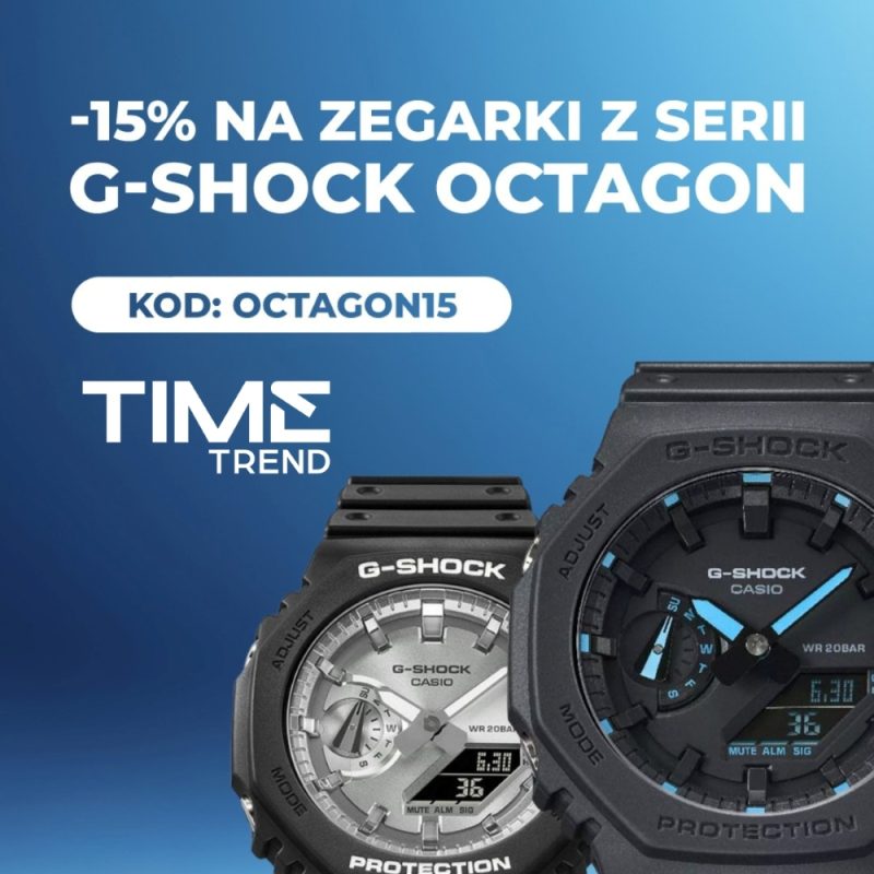 Grafika przedstawia zegarki z serii G-SHOCK OCTAGON w dwóch wariantach kolorystycznych. Materiał zawiera informację o rabacie –15% na modele z tej serii po użyciu kodu: OCTAGON15.