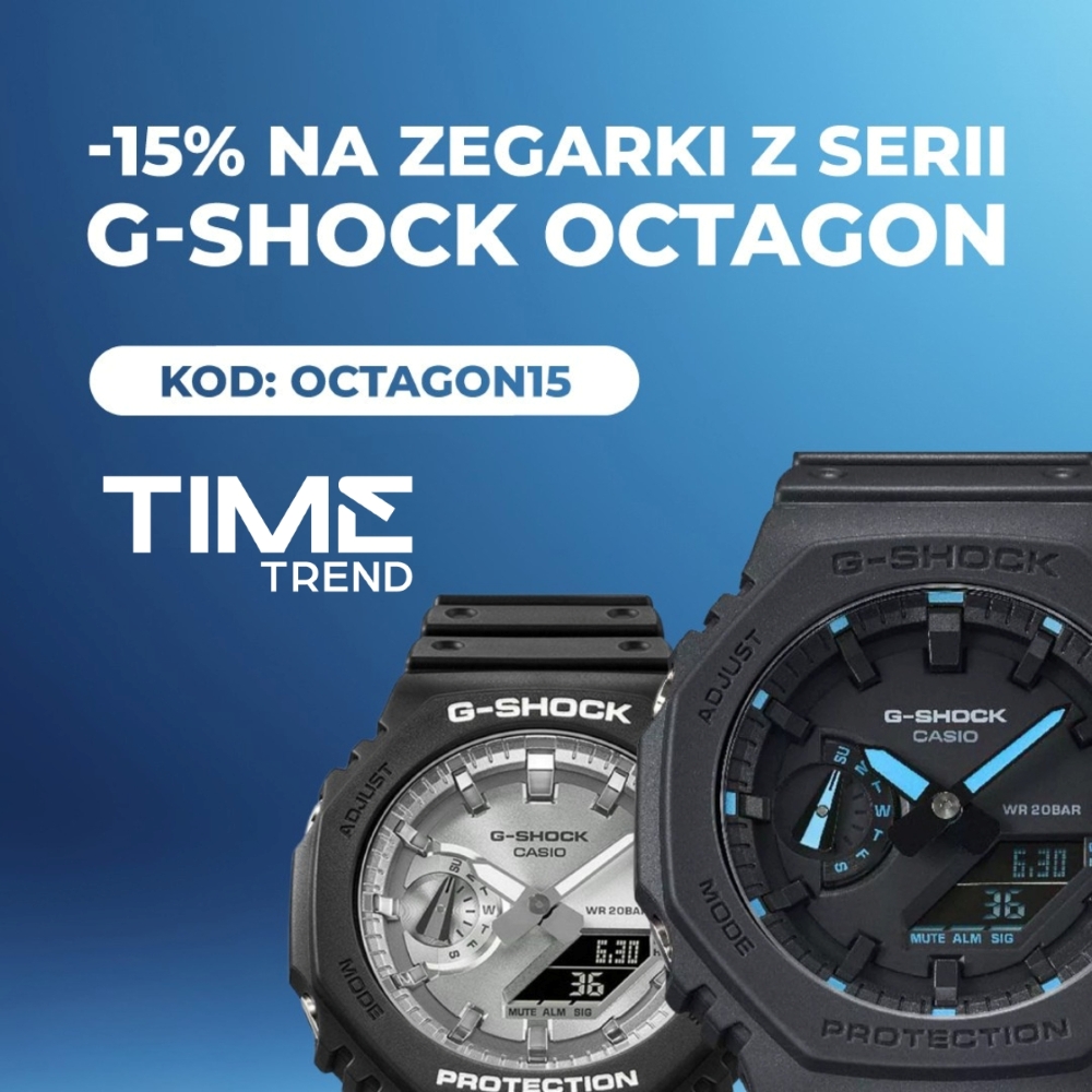 Grafika przedstawia zegarki z serii G-SHOCK OCTAGON w dwóch wariantach kolorystycznych. Materiał zawiera informację o rabacie –15% na modele z tej serii po użyciu kodu: OCTAGON15.