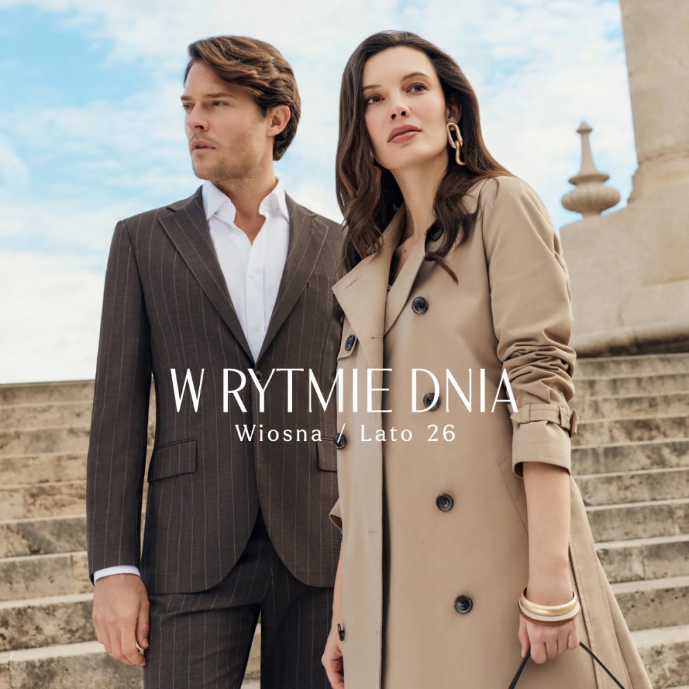 Mężczyzna w garniturze i kobieta w trenczu z kolekcji LANCERTO Wiosna Lato 2026 w M1 Kraków