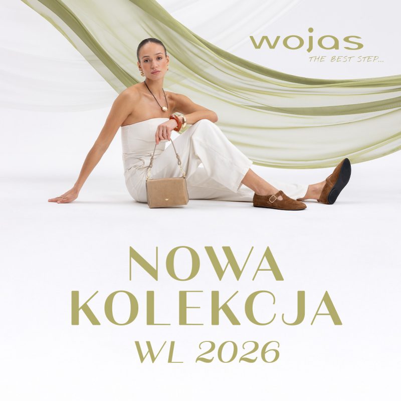Elegancka kobieta prezentuje brązowe obuwie i torebkę z nowej kolekcji Wojas Wiosna-Lato 2026 w M1 Kraków