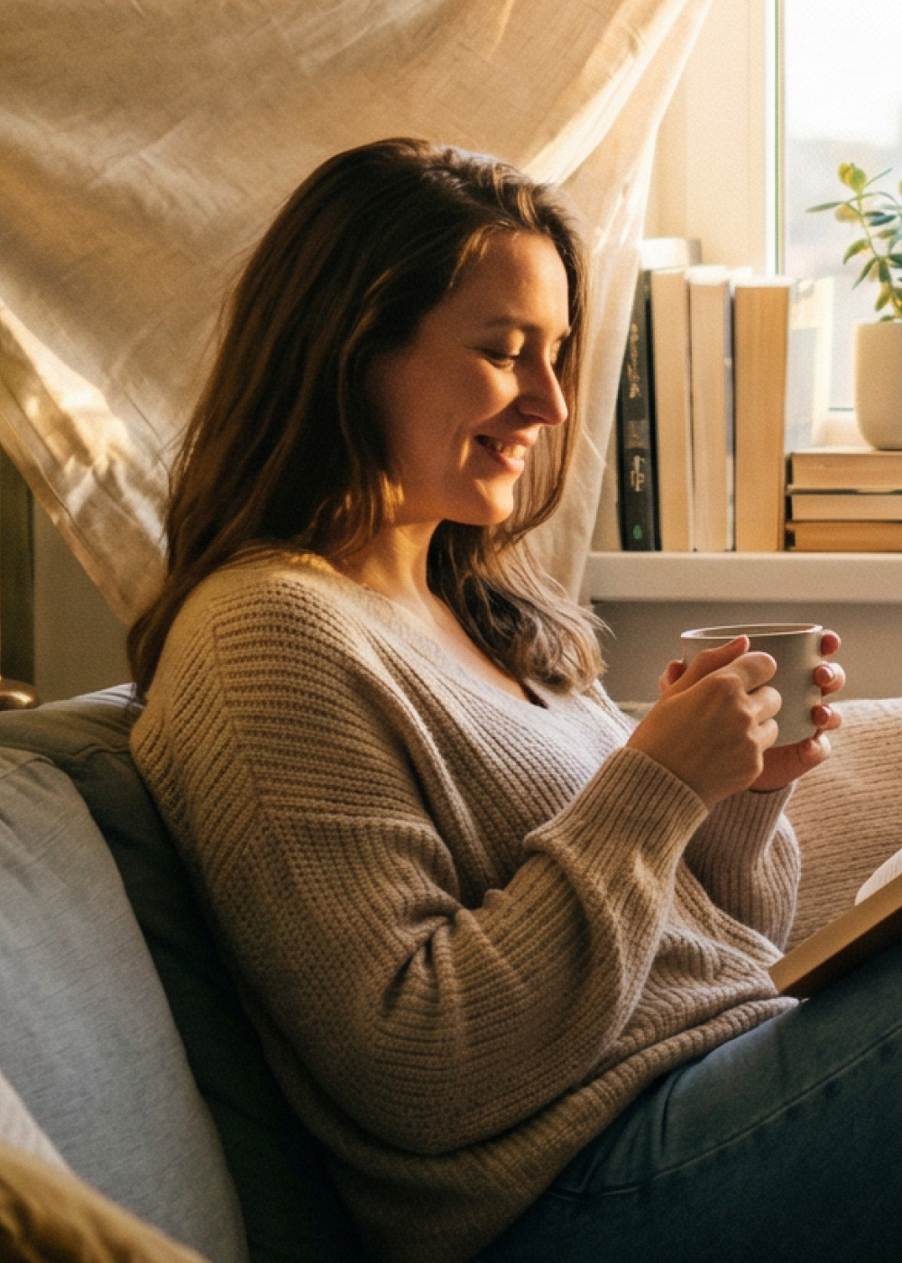Obraz przedstawiający zbliżenie na uśmiechniętą kobietę w beżowym swetrze, trzymającą kubek napoju na tle okna i półki z książkami.
