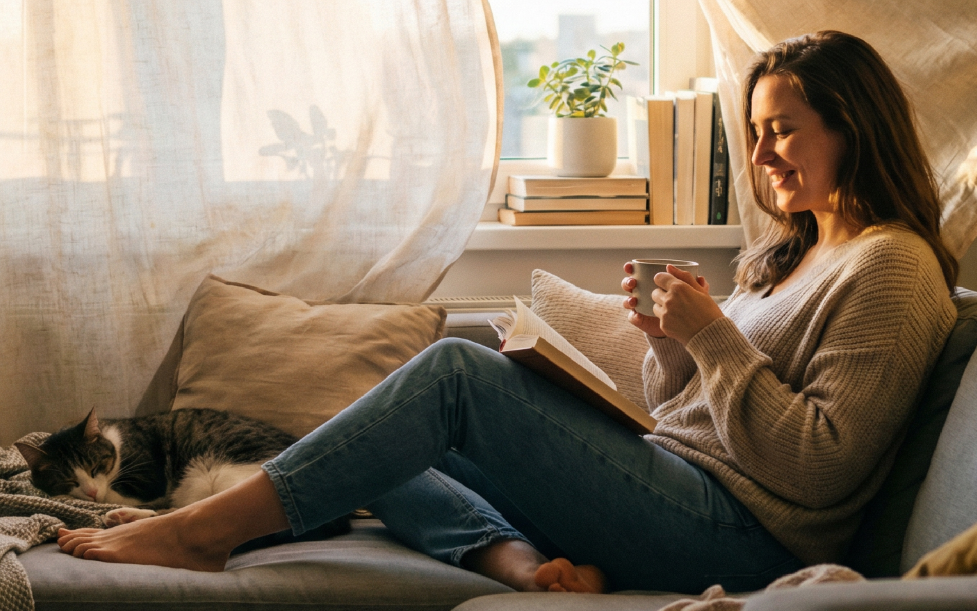 Obraz przedstawiający szeroki kadr z kobietą czytającą książkę na kanapie w przytulnym, jasnym wnętrzu z kotem i roślinami w tle.