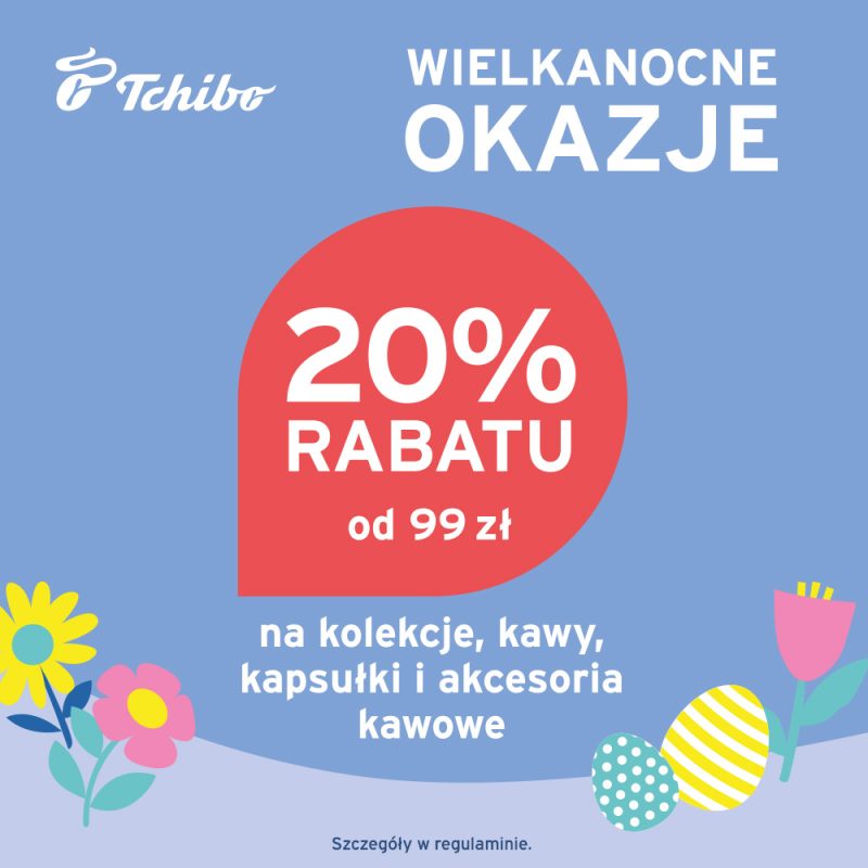 Baner promocyjny Tchibo w M1 Kraków informujący o rabacie 20 procent przy zakupach za 99 złotych.