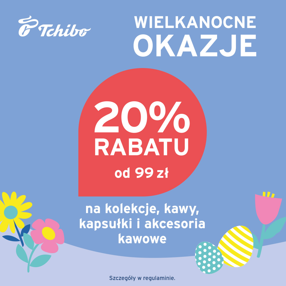 Baner promocyjny Tchibo w M1 Kraków informujący o rabacie 20 procent przy zakupach za 99 złotych.