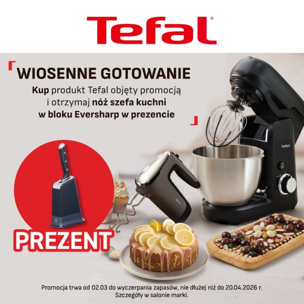 Ekspozycja produktów kuchennych Tefal z informacją o darmowym nożu szefa kuchni Eversharp.
