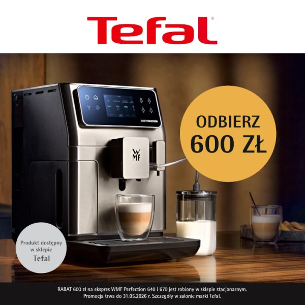 Nowoczesny, stalowy ekspres do kawy WMF Perfection serii 600 przygotowujący kawę mleczną. Akcja ze zwrotem 600 zł obowiązuje do 31 maja 2026.