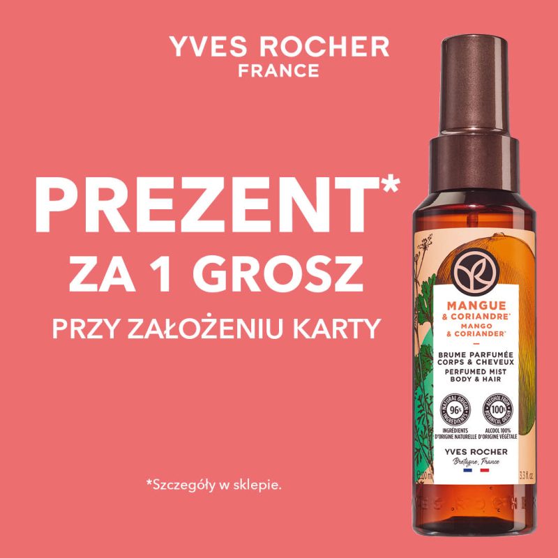 Grafika przedstawia kosmetyk do włosów i informcję o promocji w sklepie Yves Rocher - prezent za 1 grosz przy założeniu karty.