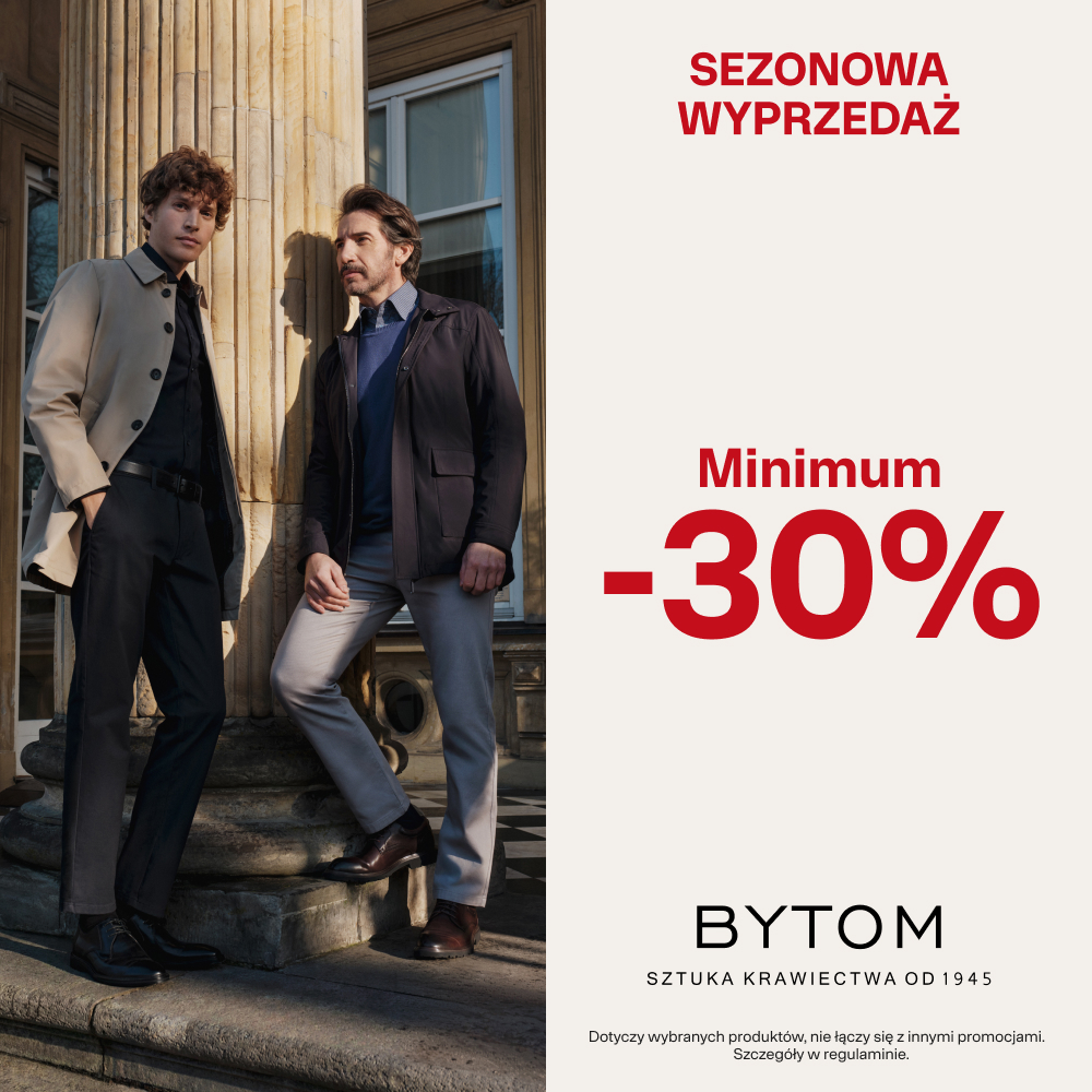 Grafika promocyjna sklepu BYTOM informująca o sezonowej wyprzedaży z rabatem od 30% wzwyż.