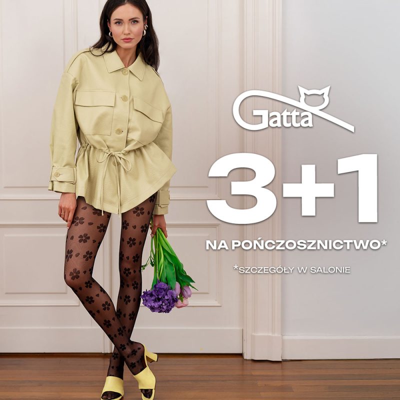 Grafika promocyjna sklepu Gatta „3+1 na pończosznictwo” – modelka w rajstopach we wzory, informacja o promocji na rajstopy.