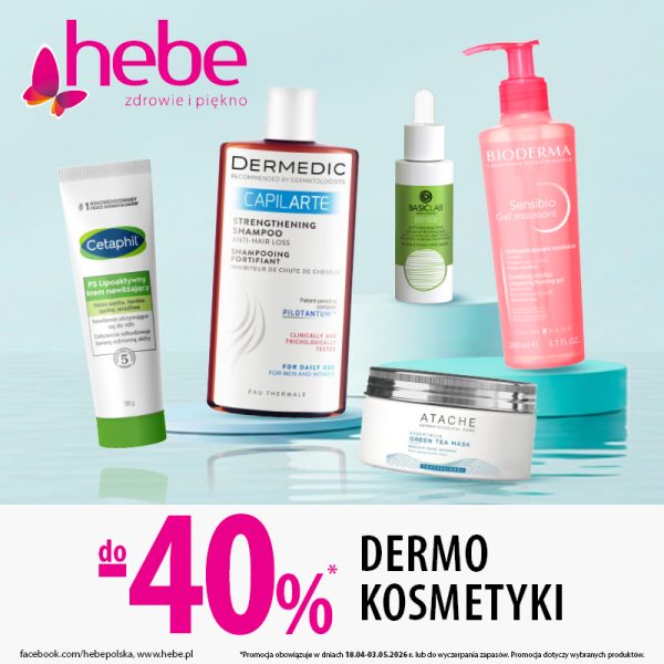 Grafika reklamowa drogerii Hebe z informacją o promocji na dermokosmetyki do 40% taniej. Na jasnym tle zaprezentowano różne produkty do pielęgnacji skóry i włosów w opakowaniach typu krem, serum, żel i maska. W górnej części widoczne logo Hebe, a na dole wyróżniona informacja o rabacie oraz drobny druk z warunkami promocji.