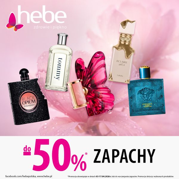 Grafika promocyjna marki Hebe prezentująca ofertę „Wiosenne zapachy do -50%”. Widoczne flakony perfum damskich i męskich objętych akcją rabatową.