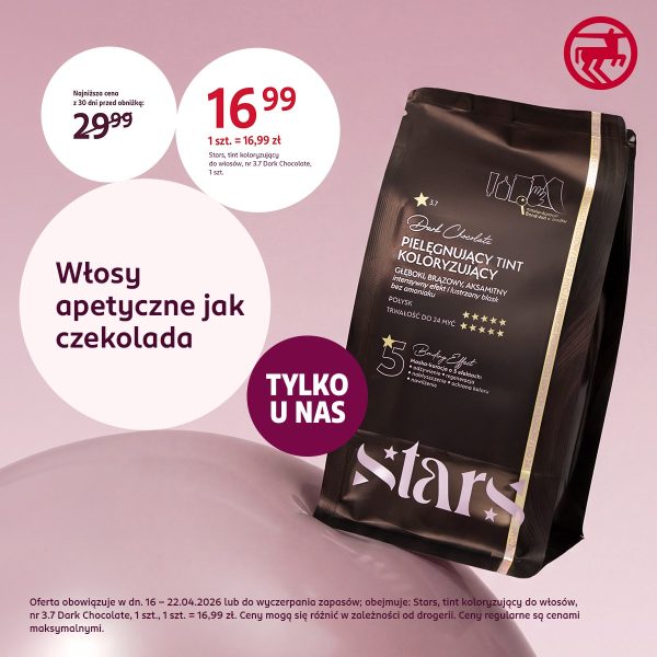 Opakowanie pielęgnacyjnego tintu koloryzującego Stars Dark Chocolate prezentowane w promocji Rossmann w M1 Kraków.