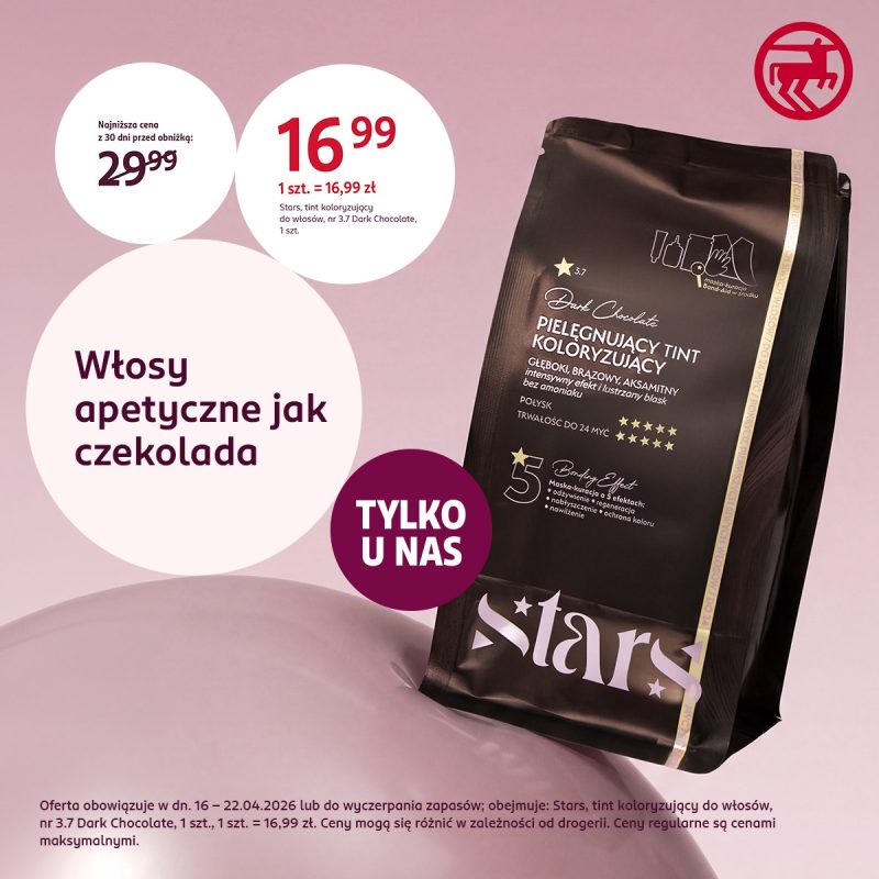 Opakowanie pielęgnacyjnego tintu koloryzującego Stars Dark Chocolate prezentowane w promocji Rossmann w M1 Kraków.