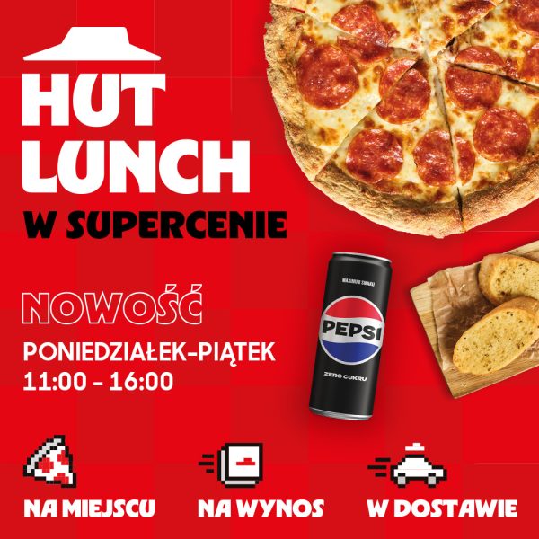 Grafika promocyjna stałej oferty lunchowej dostępnej w dni powszednie, przedstawia pizzę i puszkę pepsi.