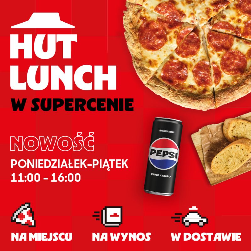 Grafika promocyjna stałej oferty lunchowej dostępnej w dni powszednie, przedstawia pizzę i puszkę pepsi.
