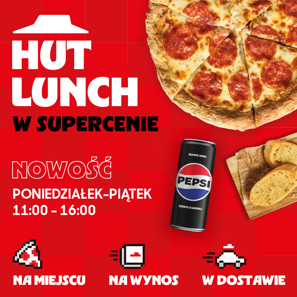 Grafika promocyjna stałej oferty lunchowej dostępnej w dni powszednie, przedstawia pizzę i puszkę pepsi.
