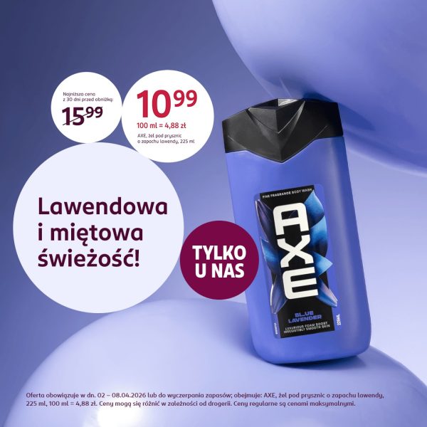 Grafika produktowa prezentująca nową ofertę promocyjną Rossmann – żel pod prysznic „Lawendowa i miętowa świeżość”.