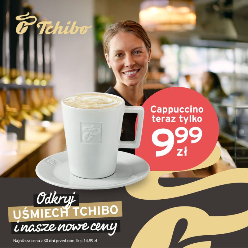 Grafika przedstawiająca filiżankę cappuccino, w tle widać uśmiechniętą kobietę. Informacja o cenie promocyjnej na cappuccino, 9,99 zł.