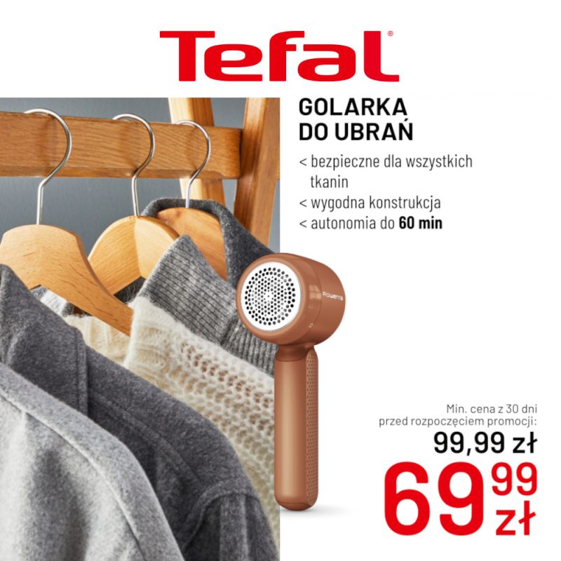 Zdjęcie produktowe golarki do ubrań Tefal objętej promocją cenową: 69,99 zł.
