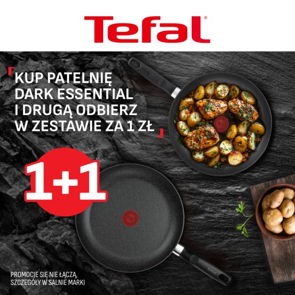 Grafika promocyjna marki Tefal prezentująca ofertę na patelnie Dark Essential z technologią Thermo-Signal i powłoką Mineralia+.