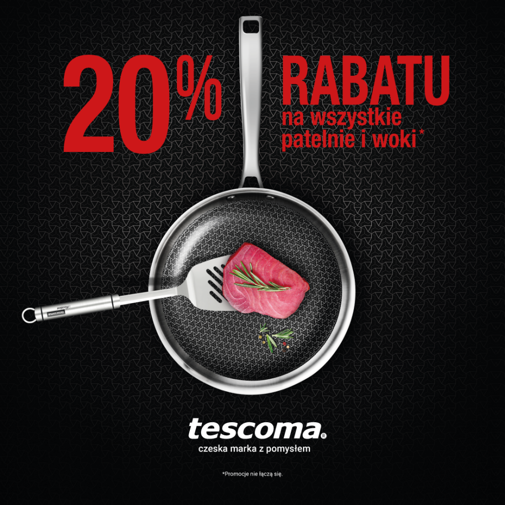 Grafika reklamowa marki Tescoma z informacją o promocji 20% rabatu na wszystkie patelnie i woki. Na ciemnym tle widoczna jest patelnia z kawałkiem mięsa i gałązką rozmarynu, trzymana na łopatce kuchennej. Duży czerwony napis „20% rabatu” znajduje się po lewej stronie, a po prawej doprecyzowanie oferty. Na dole widoczne logo Tescoma oraz informacja o braku łączenia promocji.