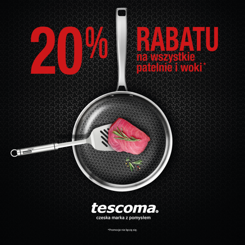 Grafika reklamowa marki Tescoma z informacją o promocji 20% rabatu na wszystkie patelnie i woki. Na ciemnym tle widoczna jest patelnia z kawałkiem mięsa i gałązką rozmarynu, trzymana na łopatce kuchennej. Duży czerwony napis „20% rabatu” znajduje się po lewej stronie, a po prawej doprecyzowanie oferty. Na dole widoczne logo Tescoma oraz informacja o braku łączenia promocji.