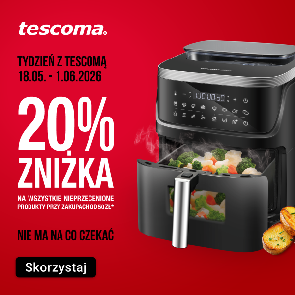 Grafika promocyjna marki Tescoma utrzymana jest w czerwono-czarnej kolorystyce. Po prawej stronie widoczna jest nowoczesna frytkownica beztłuszczowa z wyświetlaczem elektronicznym, w której znajdują się warzywa. Na grafice znajduje się informacja o akcji „Tydzień z Tescomą” trwającej od 18 maja do 1 czerwca 2026 oraz o promocji „20% zniżki na wszystkie nieprzecenione produkty przy zakupach od 50 zł”. Na dole widoczny jest przycisk z napisem „Skorzystaj”.