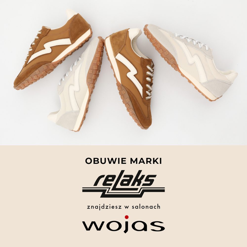 Grafika promocyjna marki Wojas prezentująca sneakersy marki Relaks. Na jasnym tle pokazano cztery sportowe buty w odcieniach beżu, karmelu i bieli, ułożone w dynamiczny sposób. Na dole grafiki znajduje się informacja, że obuwie marki Relaks dostępne jest w salonach Wojas. Całość utrzymana jest w minimalistycznym, nowoczesnym stylu.
