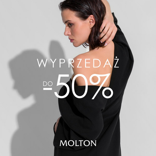 Grafika promocyjna marki Molton. Kobieta w czarnej sukience promująca wyprzedaż w salonie.