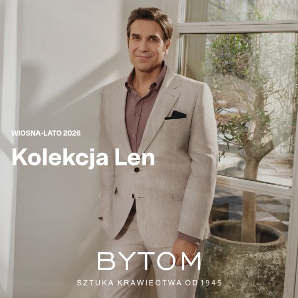 kolekcja len w bytom, mezczyzna ubrany w beżowy garnitur lniany reklamujący markę