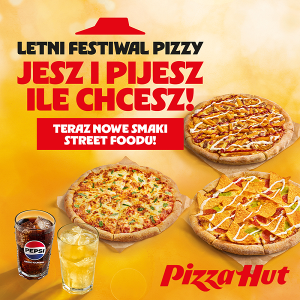 Grafika promująca letni festiwal pizzy w Pizza Hut. 3 nowe smaki pizzy, pepsi i lemoniada.