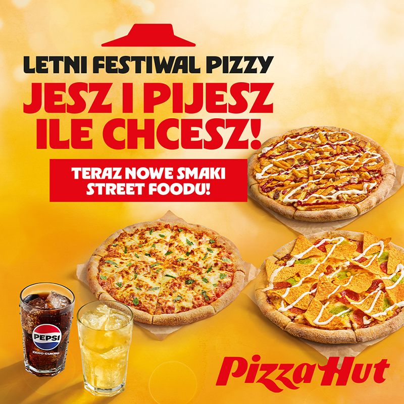 Grafika promująca letni festiwal pizzy w Pizza Hut. 3 nowe smaki pizzy, pepsi i lemoniada.