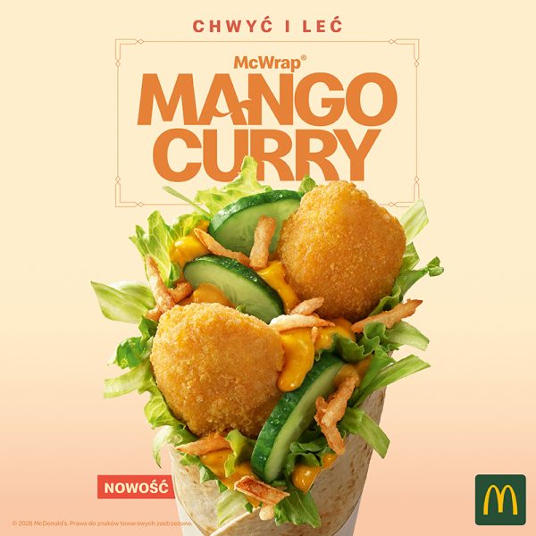 Grafika promocyjna dla Mc donald's. Grafika przedstawiająca nowego McWrapa Mango Curry w Mc Donald's.