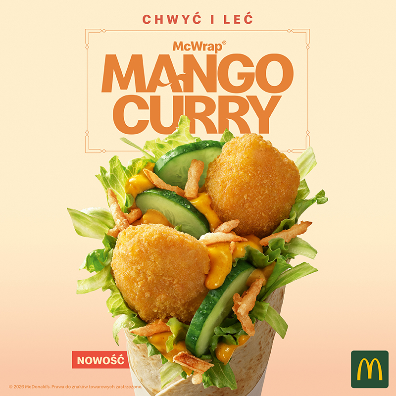Grafika promocyjna dla Mc donald's. Grafika przedstawiająca nowego McWrapa Mango Curry w Mc Donald's.