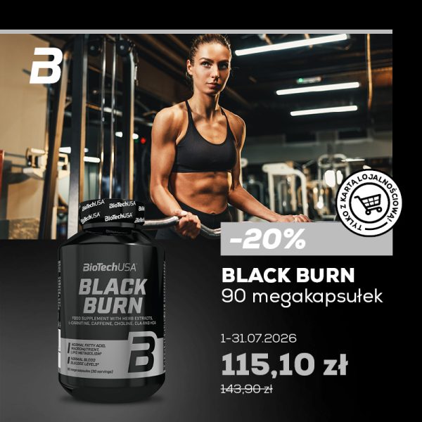 Grafika promocyjna marki BioTech. Produkt wspierający proces redukcji masy ciała objęty promocją. Kobieta w sportowym topie trenująca na siłowni.