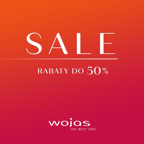 Grafika promocyjna marki Wojas. Napisy Sale rabaty do -50% na gradiencie pomaranczowo-czerwonym.
