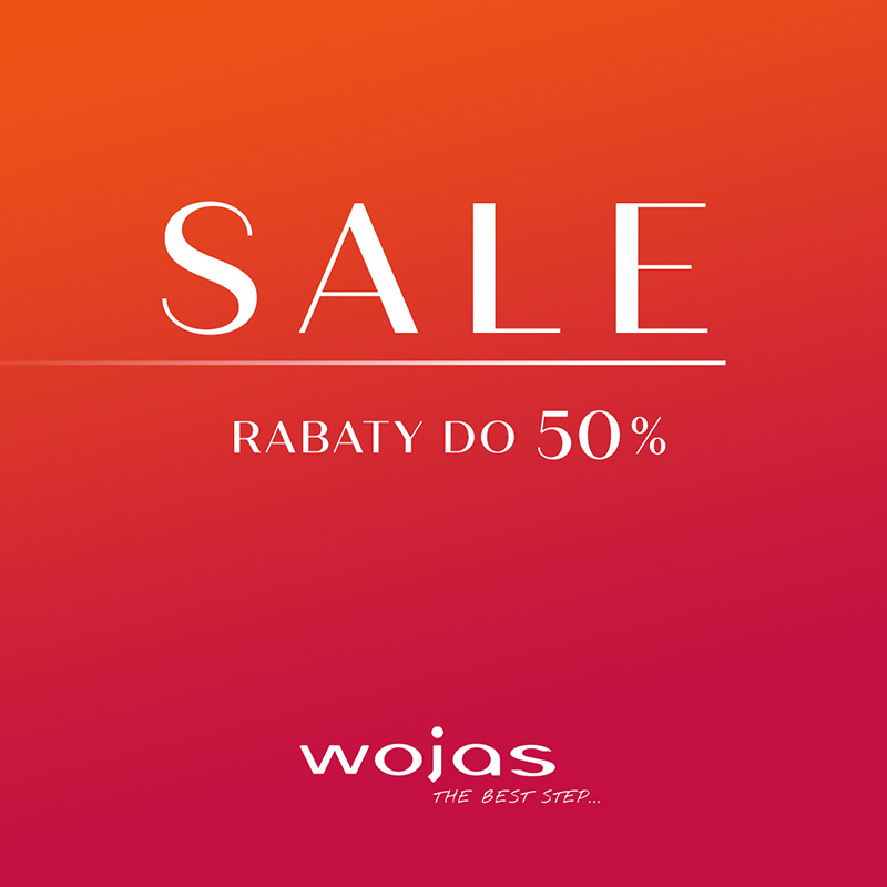 Grafika promocyjna marki Wojas. Napisy Sale rabaty do -50% na gradiencie pomaranczowo-czerwonym.