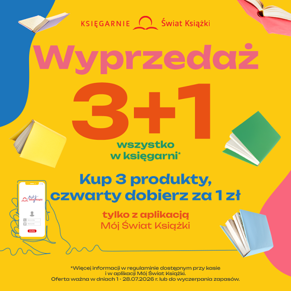 Grafika promująca wyprzedaz w Księgarni Świat Ksiązki. Napisy kup 3 ksiązki i 1 otrzymaj za złotówkę. Wielokolorowe tło i dekoracyjne ilustracje książek.