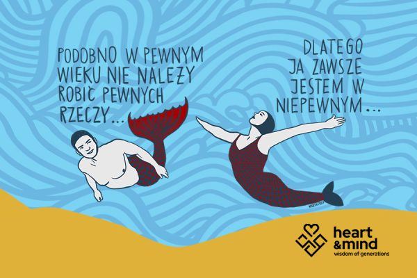 Графіка із зображенням русалок, намальована Мартою Фрей. Промоційна графіка для кампанії «Працюй після 50».