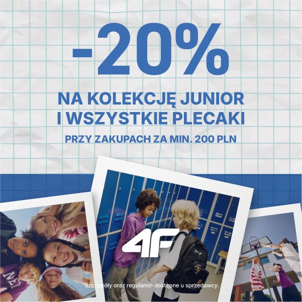 Grafika promocyjna marki 4f na back to school. -20% na plecaki_kolaż ze zdjęć dzieci na tle kartki z zeszytu w kratkę.