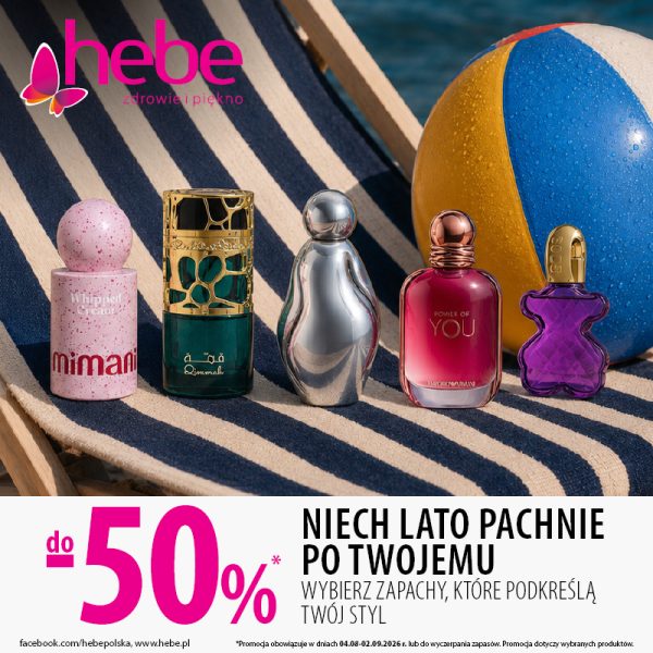Grafika promocyjna marki hebe. 5 rodzajów perfum leżących na leżaku plażowy obok piłki plażowej.