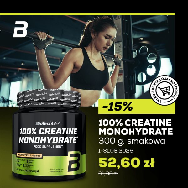 Promocja na suplement kreatynę marki BioTechUSA. Kobieta brunetka robiąca przysiad ze sztangą na plecach.