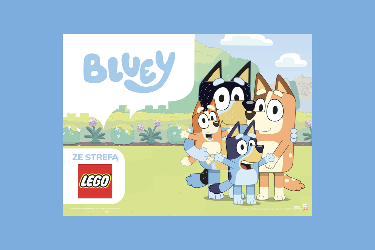 Grafika promująca wydarzenie Bluey i LEGO. Bohaterowie bajki bluey - 4 pieski.