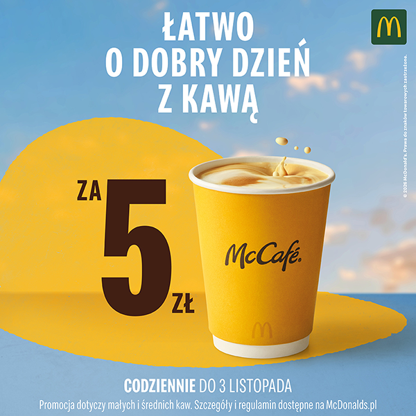 Grafika promocyjna marki Mc Donalds. Kawa McCafe Value za 5 zł.